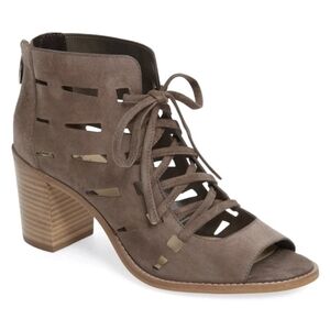 Vince Camuto Tressa Bootie Cutout Lace Up Open Toe Suede Taupe Brown